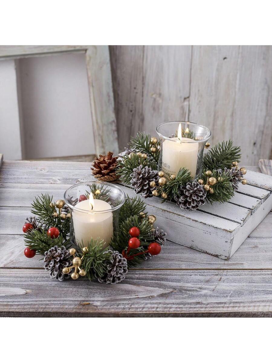 Christmas Candle Ring Holder with Red Flowers, Gold Berries & Greenery, Holiday Table Centerpiece
