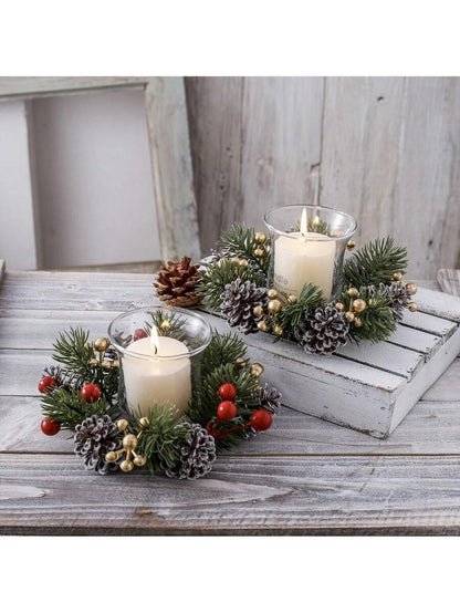 Christmas Candle Ring Holder with Red Flowers, Gold Berries & Greenery, Holiday Table Centerpiece