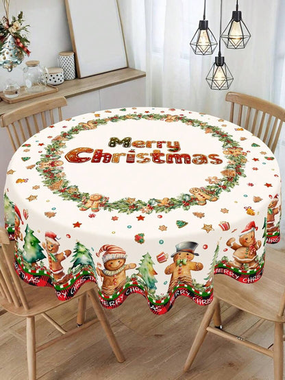 Festive Christmas Tablecloth with Snowman & Reindeer Wreath Design, Polyester Winter Table Cover for Dining Room & Kitchen Holiday Decor