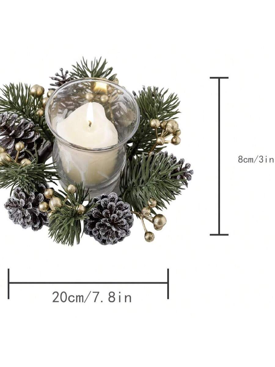 Christmas Candle Ring Holder with Red Flowers, Gold Berries & Greenery, Holiday Table Centerpiece