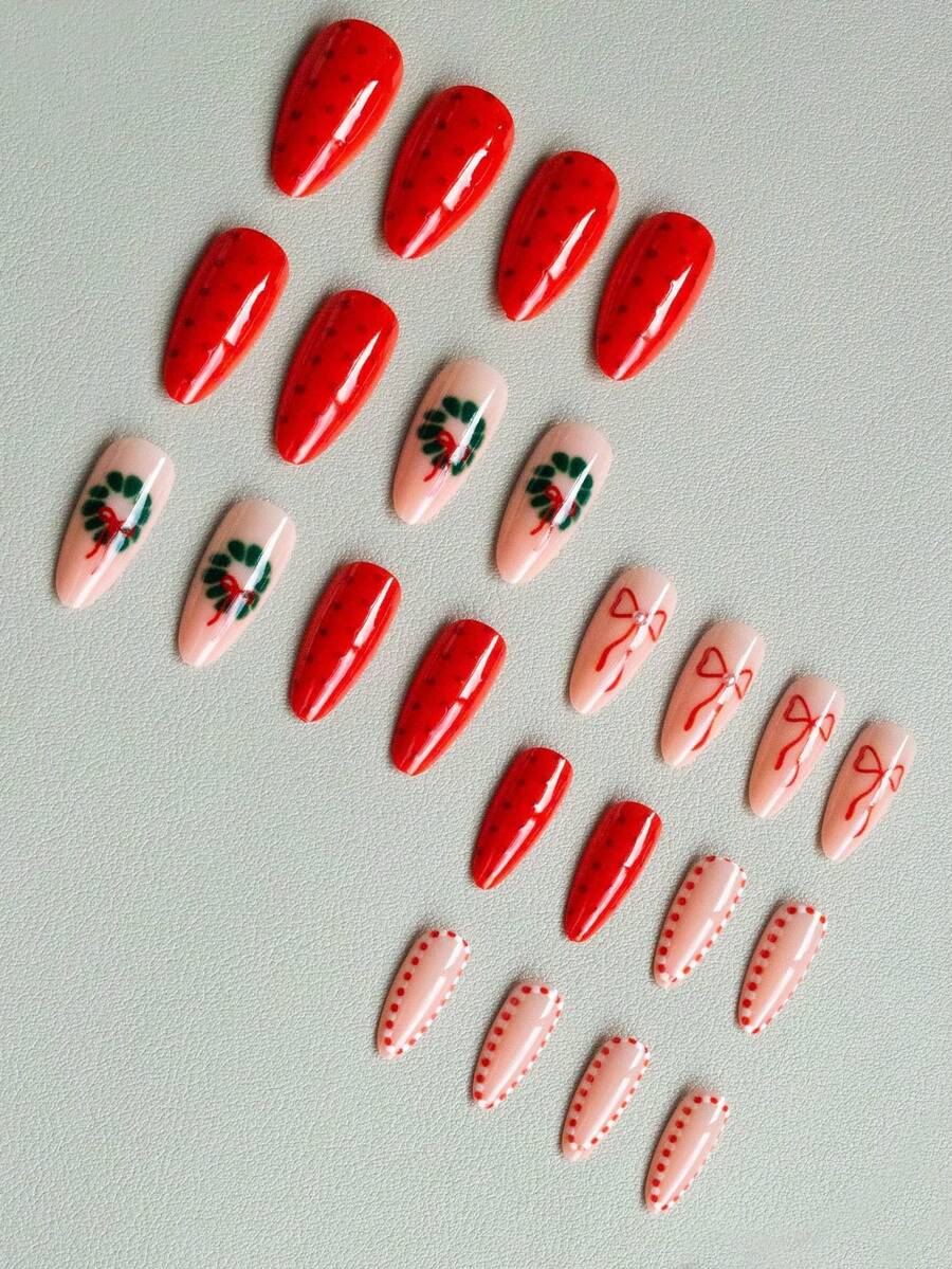 24pcs Almond Christmas Press On Nails, Red Santa Hat Short False Nails, Holiday Nail Set For Women, Office, Date, Party & Everyday Wear