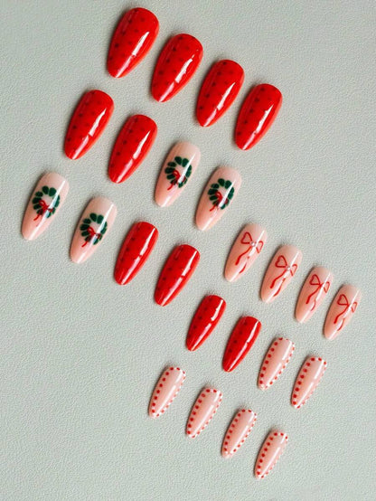 24pcs Almond Christmas Press On Nails, Red Santa Hat Short False Nails, Holiday Nail Set For Women, Office, Date, Party & Everyday Wear