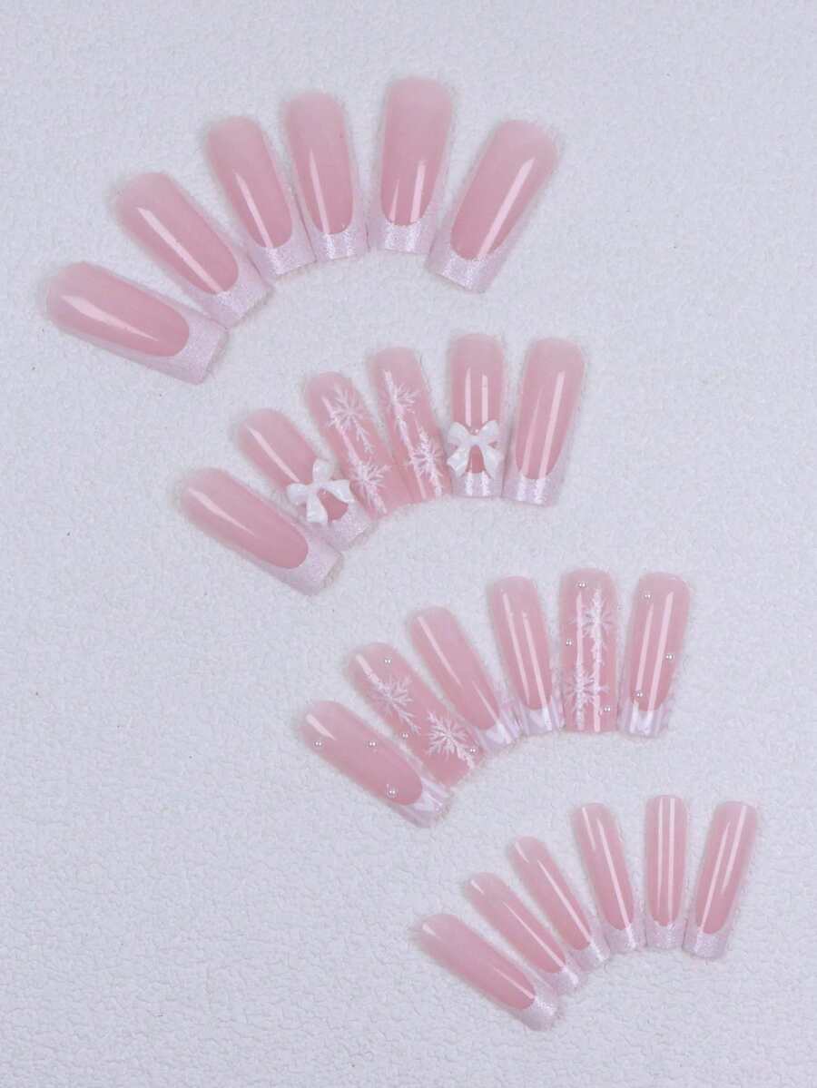 24pcs Long Ballet Christmas Press On Nails, White Snowflakes And Gingerbread Bow Design, 3D Acrylic False Nails For Women Holiday Gift