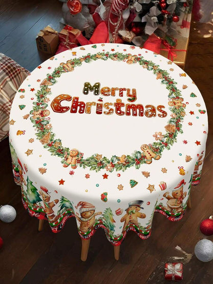 Festive Christmas Tablecloth with Snowman & Reindeer Wreath Design, Polyester Winter Table Cover for Dining Room & Kitchen Holiday Decor
