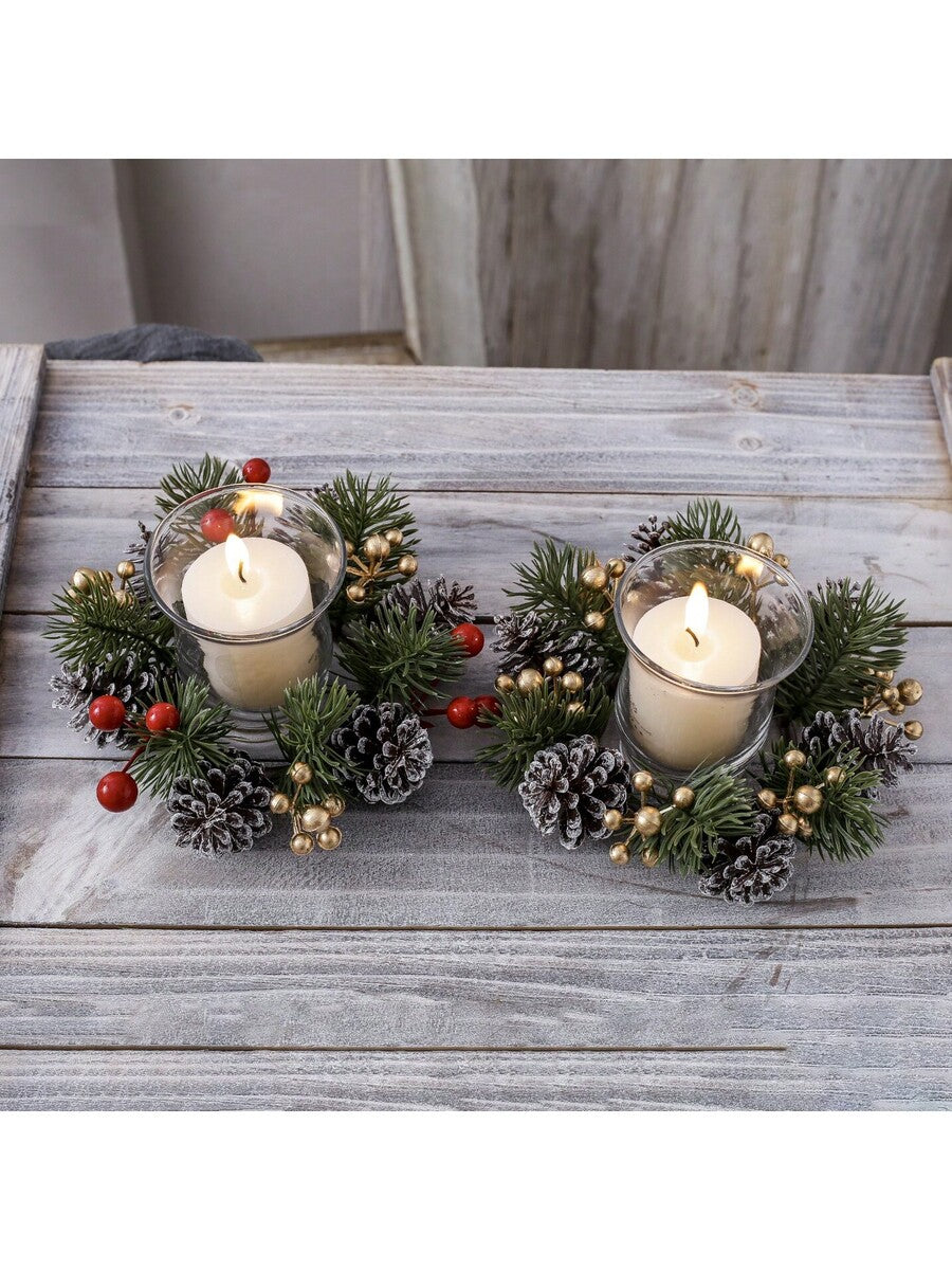 Christmas Candle Ring Holder with Red Flowers, Gold Berries & Greenery, Holiday Table Centerpiece