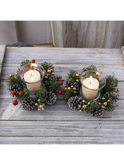 Christmas Candle Ring Holder with Red Flowers, Gold Berries & Greenery, Holiday Table Centerpiece