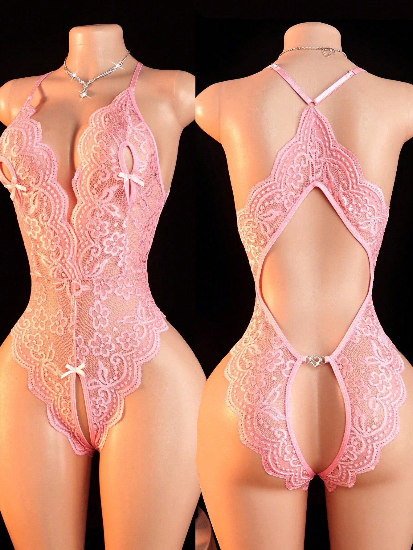 Deep V Lace Backless Bodysuit, Crotchless Open Bra Erotic Lingerie & Underpants, Women's Sexy Clothing