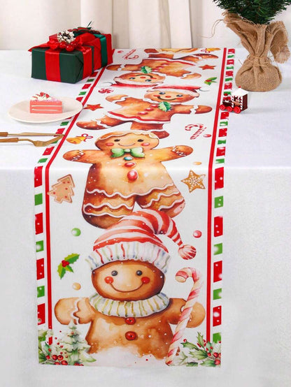 Gingerbread Man Christmas Table Runner, 35x180cm Polyester Holiday Table Flag, Festive Dining Room Décor for Christmas & Winter Home Use