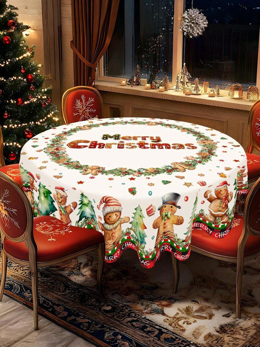 Festive Christmas Tablecloth with Snowman & Reindeer Wreath Design, Polyester Winter Table Cover for Dining Room & Kitchen Holiday Decor