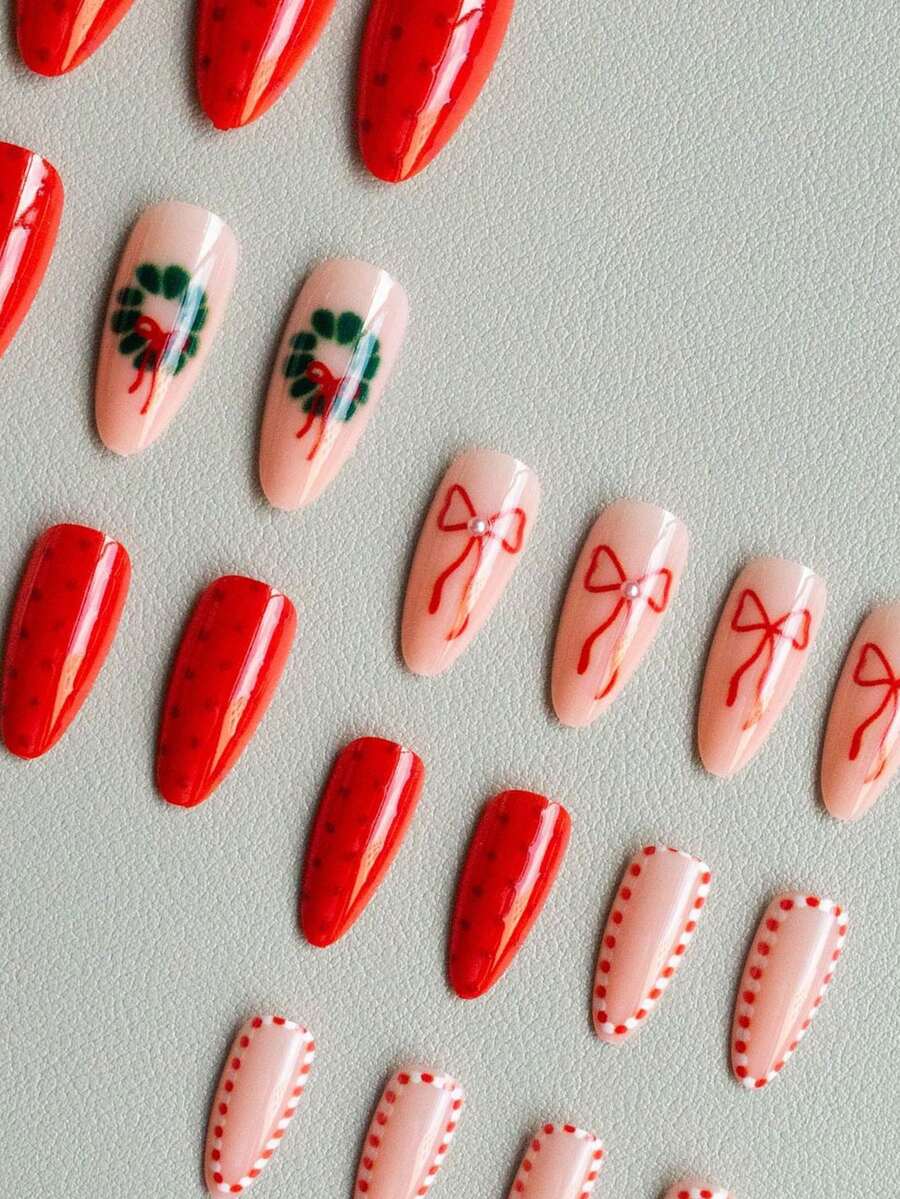 24pcs Almond Christmas Press On Nails, Red Santa Hat Short False Nails, Holiday Nail Set For Women, Office, Date, Party & Everyday Wear