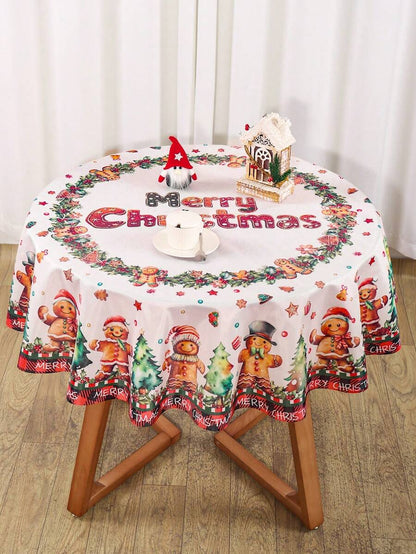 Festive Christmas Tablecloth with Snowman & Reindeer Wreath Design, Polyester Winter Table Cover for Dining Room & Kitchen Holiday Decor