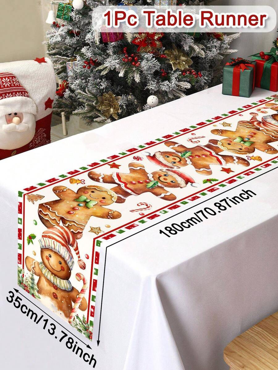 Gingerbread Man Christmas Table Runner, 35x180cm Polyester Holiday Table Flag, Festive Dining Room Décor for Christmas & Winter Home Use