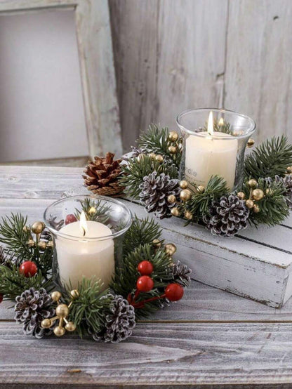 Christmas Candle Ring Holder with Red Flowers, Gold Berries & Greenery, Holiday Table Centerpiece