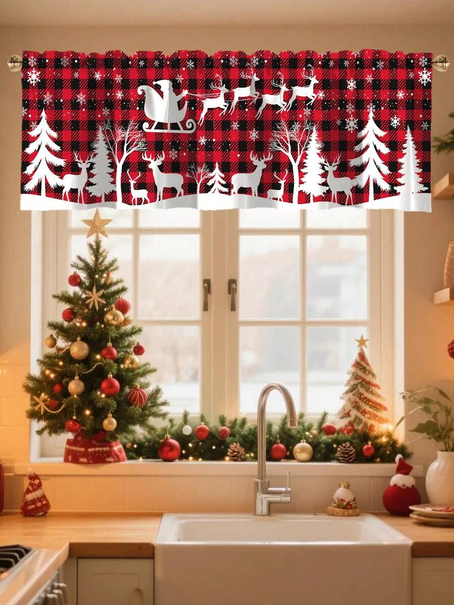 Santa Claus & Snowman Christmas Curtain Valance, 1–2 Piece Polyester Window Decor with Rod Pocket for Kitchen, Living Room or Bedroom