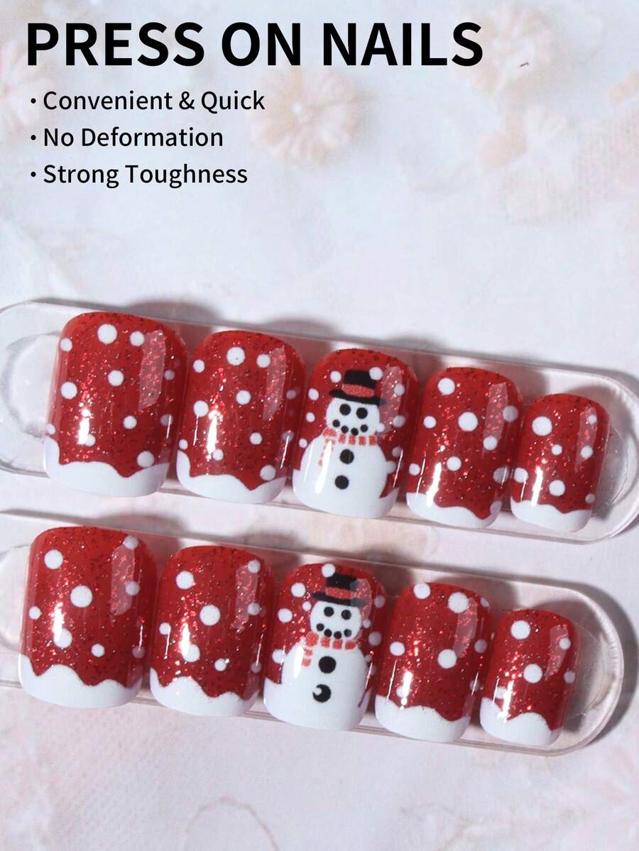 24pcs Christmas Press-On Nails, Short Square Snowman Design with Glitter French Tips, Acrylic False Nail Set with Jelly Glue & File for Holiday Wear