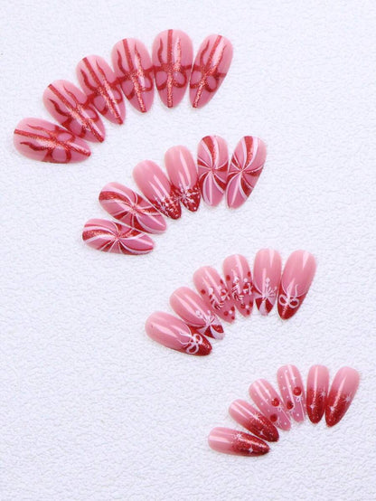 Christmas Long Almond Press On Nails 24pcs, Red French Tips With White Snowflakes And Santa Hat Design, Acrylic False Nails Set For Holiday Or Party