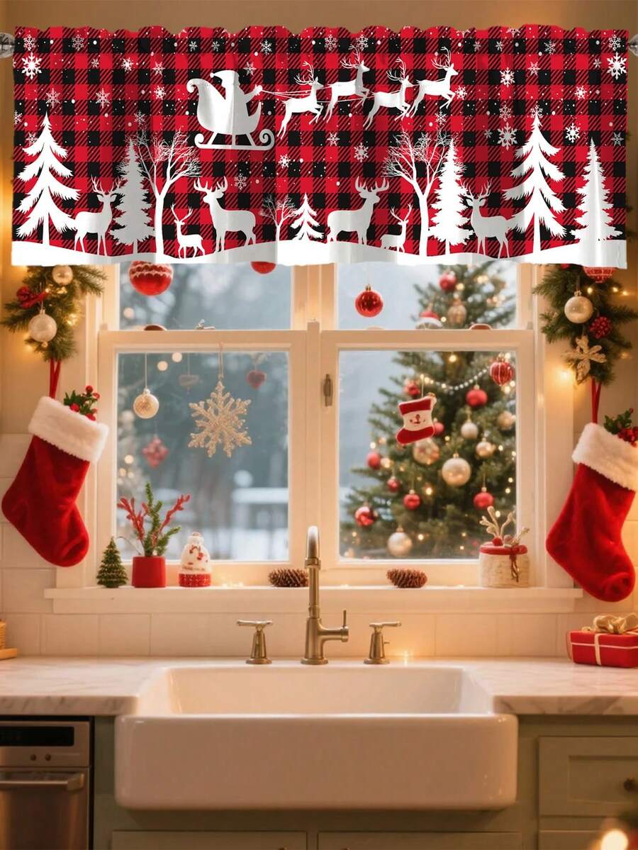 Santa Claus & Snowman Christmas Curtain Valance, 1–2 Piece Polyester Window Decor with Rod Pocket for Kitchen, Living Room or Bedroom