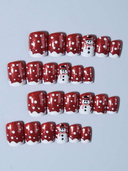 24pcs Christmas Press-On Nails, Short Square Snowman Design with Glitter French Tips, Acrylic False Nail Set with Jelly Glue & File for Holiday Wear