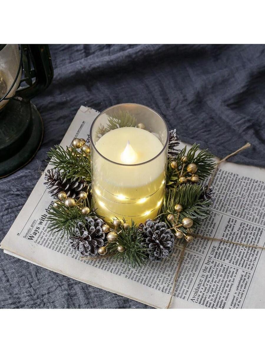 Christmas Candle Ring Holder with Red Flowers, Gold Berries & Greenery, Holiday Table Centerpiece
