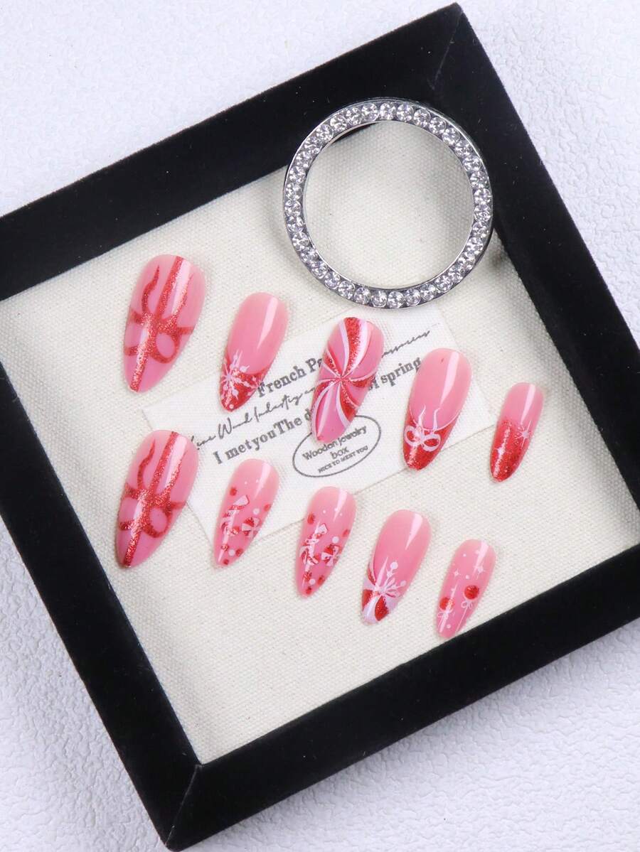 Christmas Long Almond Press On Nails 24pcs, Red French Tips With White Snowflakes And Santa Hat Design, Acrylic False Nails Set For Holiday Or Party