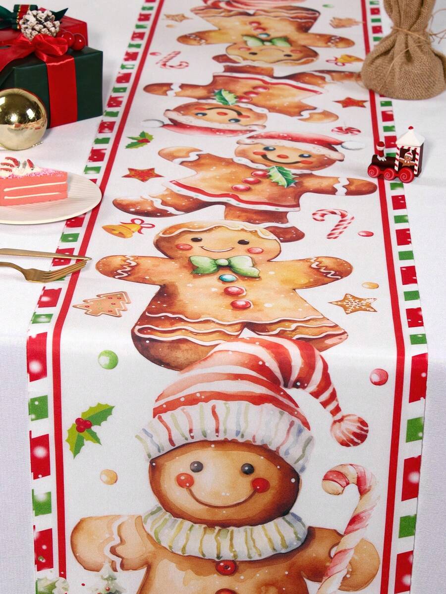 Gingerbread Man Christmas Table Runner, 35x180cm Polyester Holiday Table Flag, Festive Dining Room Décor for Christmas & Winter Home Use