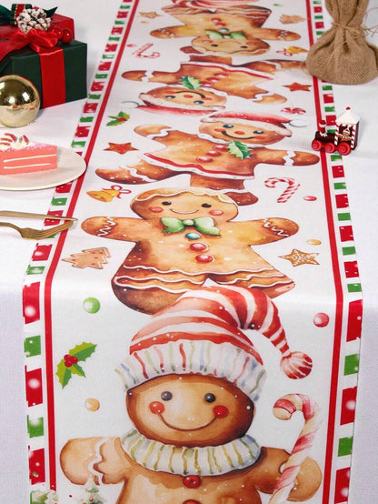 Gingerbread Man Christmas Table Runner, 35x180cm Polyester Holiday Table Flag, Festive Dining Room Décor for Christmas & Winter Home Use