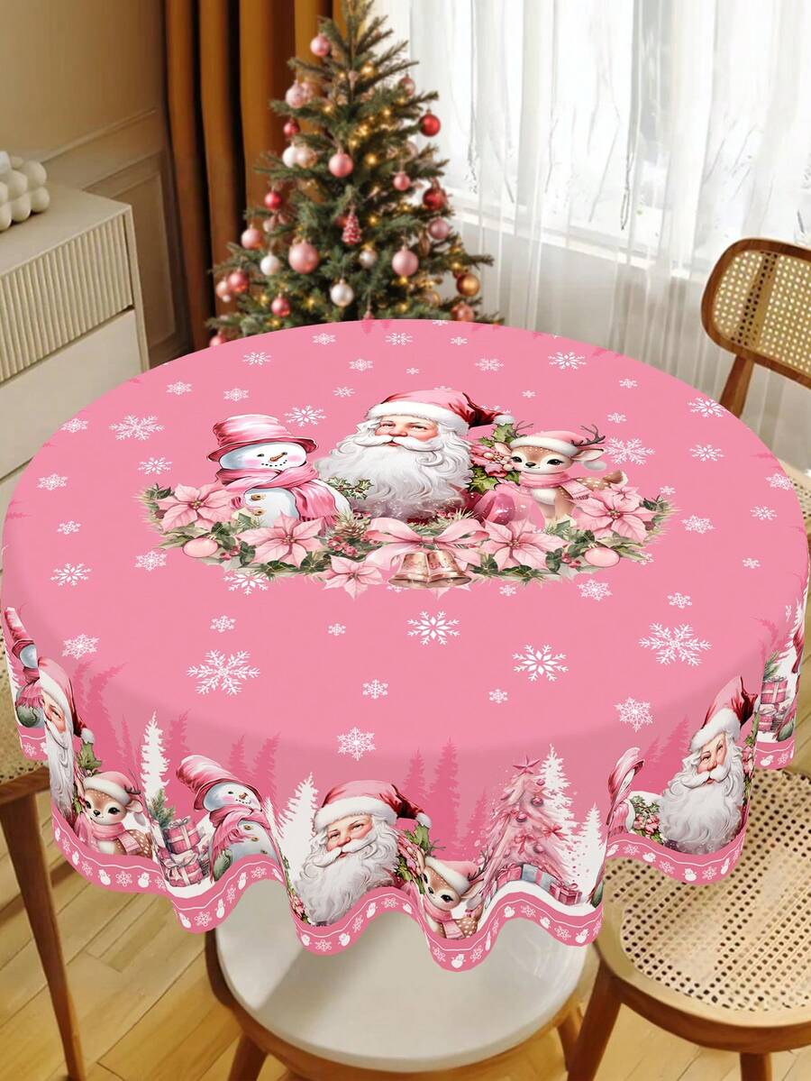 Festive Christmas Tablecloth with Snowman & Reindeer Wreath Design, Polyester Winter Table Cover for Dining Room & Kitchen Holiday Decor