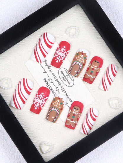 24pcs Long Ballet Christmas Press On Nails, White Snowflakes And Gingerbread Bow Design, 3D Acrylic False Nails For Women Holiday Gift