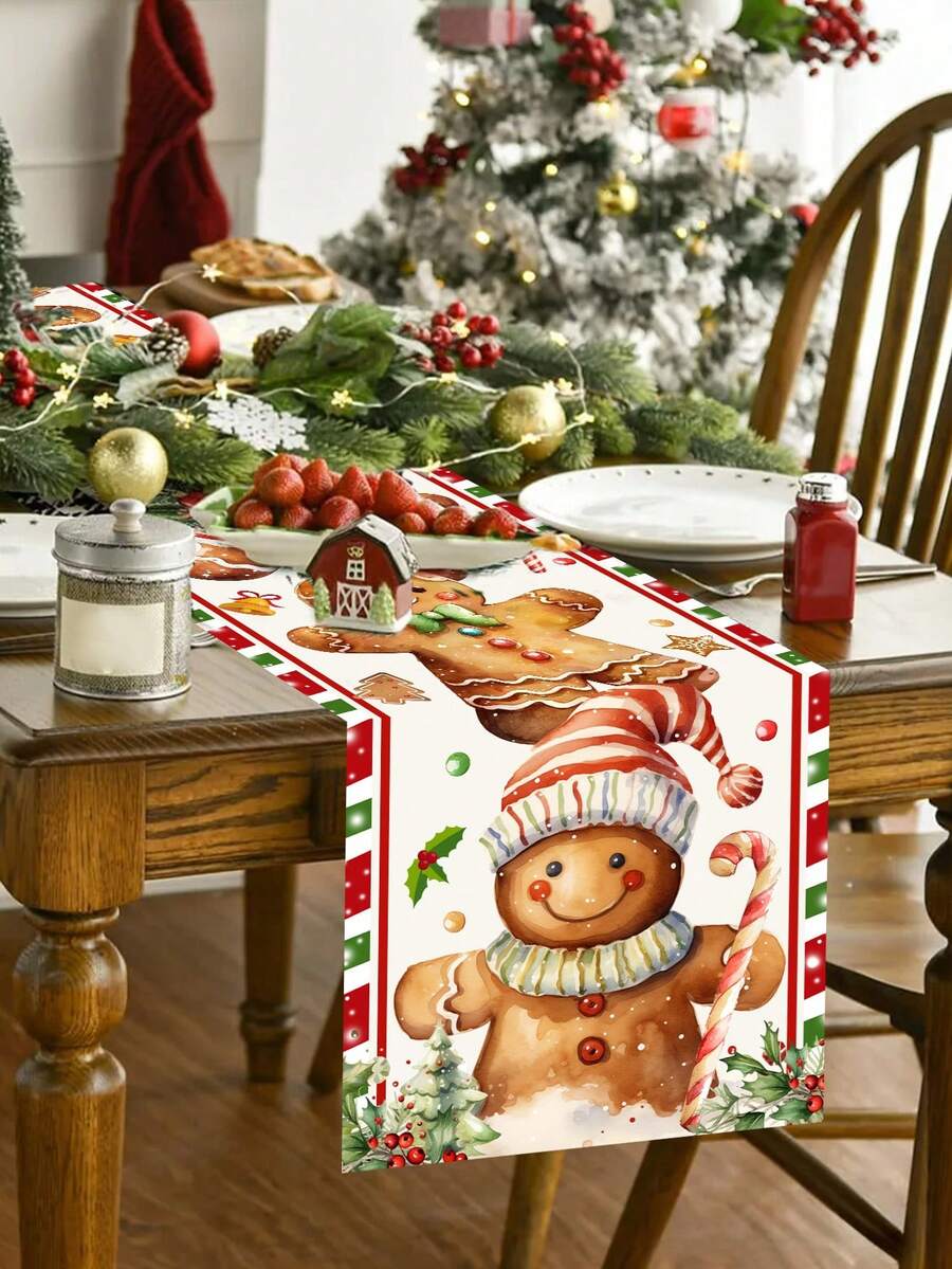 Gingerbread Man Christmas Table Runner, 35x180cm Polyester Holiday Table Flag, Festive Dining Room Décor for Christmas & Winter Home Use