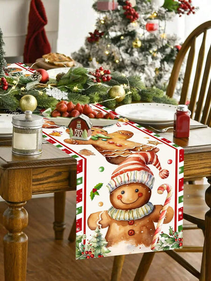 Gingerbread Man Christmas Table Runner, 35x180cm Polyester Holiday Table Flag, Festive Dining Room Décor for Christmas & Winter Home Use