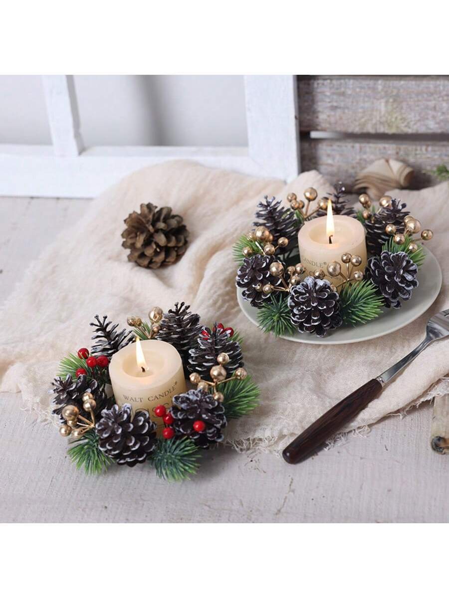 Christmas Candle Ring Holder with Red Flowers, Gold Berries & Greenery, Holiday Table Centerpiece