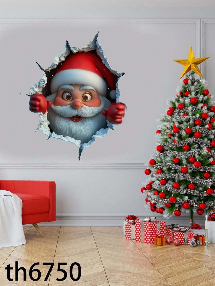 3D Santa Claus Wall Decal Sticker, DIY Breakthrough Vinyl Mural, Removable Christmas Decoration for Home, Office, or Holiday Party Background Decor