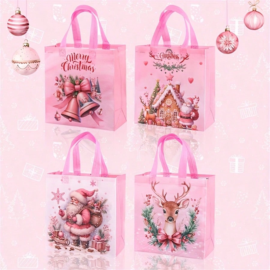 8pcs Pink Christmas Tote Bags with Handles, Reusable Non-Woven Gift Bags with Santa, Elk & Bell Prints for Holiday Packaging & Festive Decor