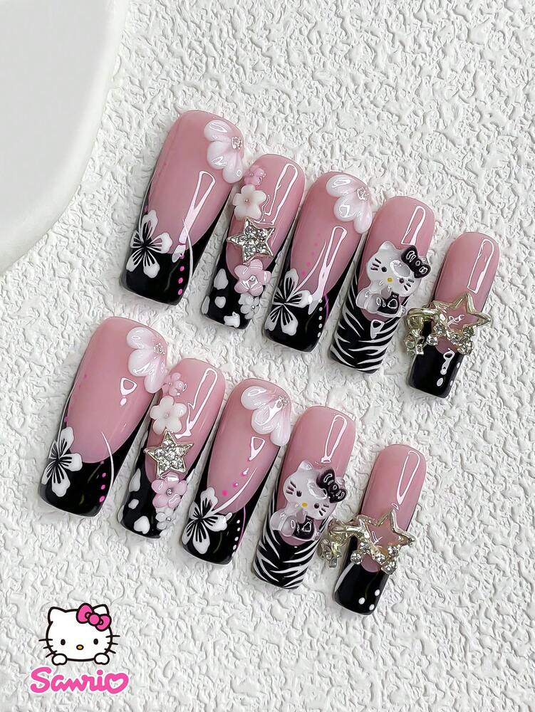 10pcs Sanrio Gothic Press On Nails, Almond Duckbill Square Shapes With Kitty Rhinestones And Zebra Pattern, Kawaii Dark French Nail Set