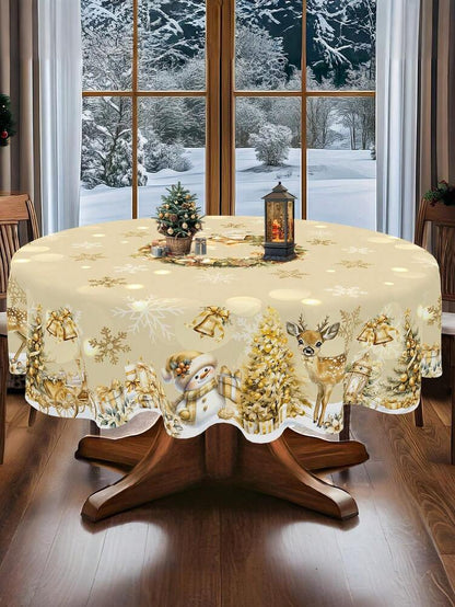 Festive Christmas Tablecloth with Snowman & Reindeer Wreath Design, Polyester Winter Table Cover for Dining Room & Kitchen Holiday Decor
