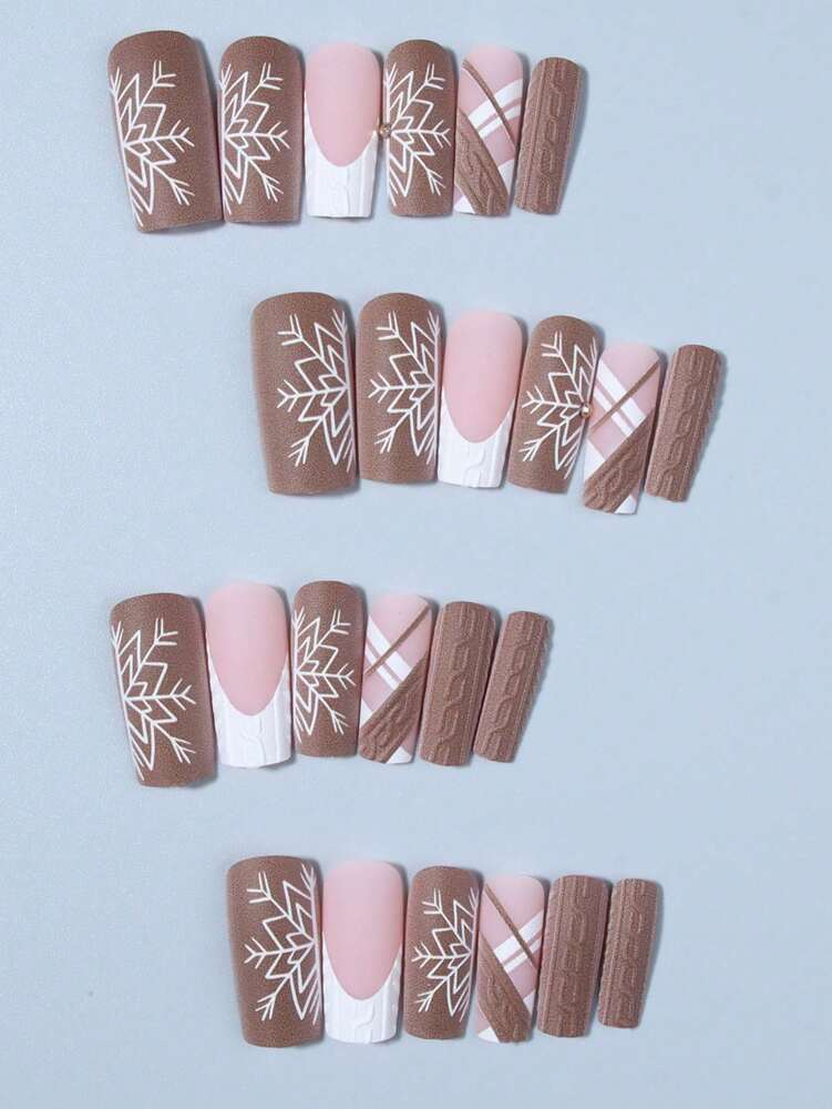 24pcs Long Square Christmas Press On Nails, Snowflake And Heart Matte French Tips, Acrylic False Nail Set With Glue & File For Holiday Wear