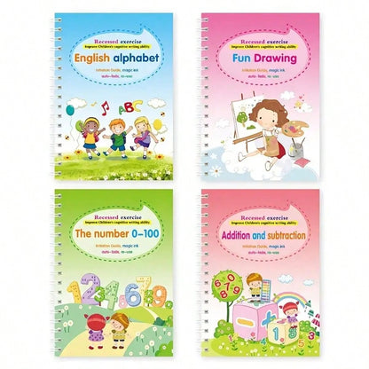 4pcs Magical Reusable Handwriting Workbooks, Magic Calligraphy Copybook Set with Pen and Refills, Fun Tracing Practice Books for Preschool Writing