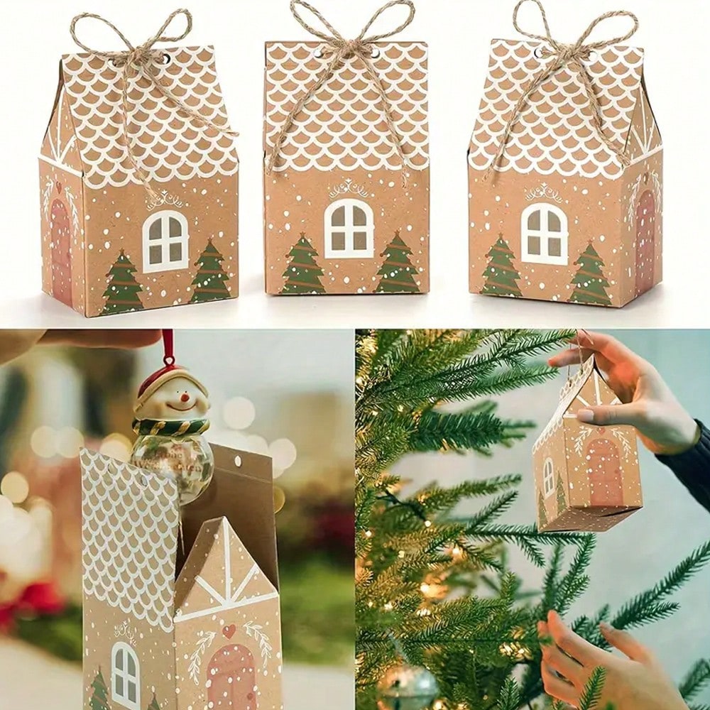 10pcs Kraft Paper Christmas House Gift Boxes, Decorative Packaging Boxes for Holiday Presents, Souvenirs, and Christmas Party Favors