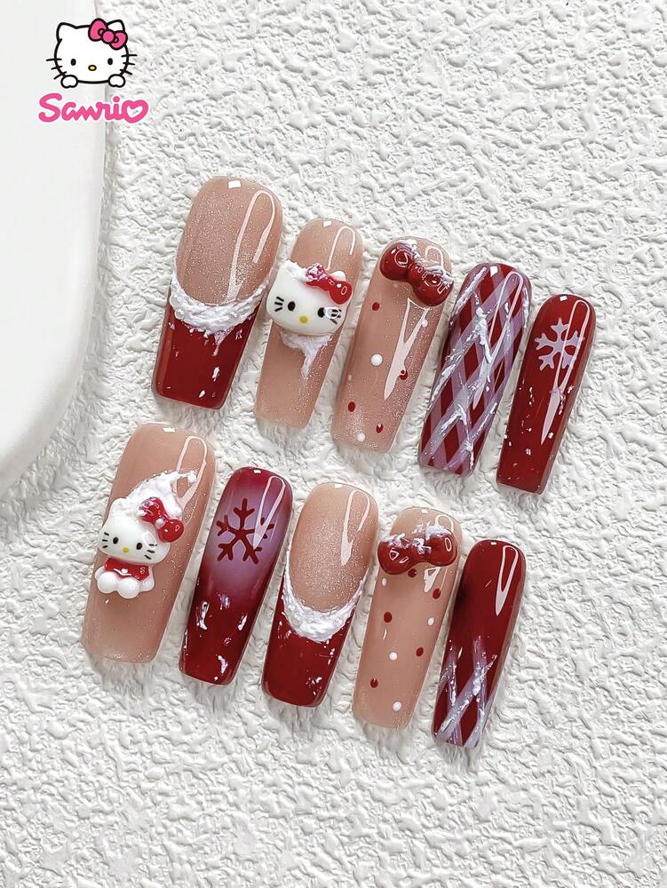 10pcs Sanrio Christmas Press-On Nails, 3D Hello Kitty Cat Eye Red Bow Design, Handmade Snow Polka Dot French Tips, Cute Holiday Nail Set for Parties