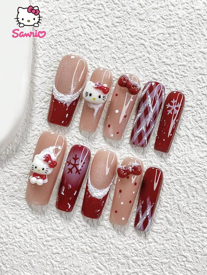 10pcs Sanrio Christmas Press-On Nails, 3D Hello Kitty Cat Eye Red Bow Design, Handmade Snow Polka Dot French Tips, Cute Holiday Nail Set for Parties