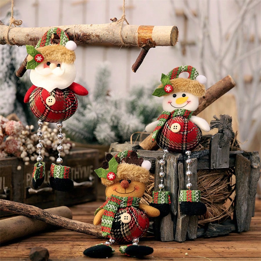 3pcs Felt Christmas Hanging Ornaments, Plaid Bead Leg Pendants with Cute Cartoon Designs, Perfect for Tree, Window, and Home Holiday Decorations