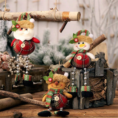 3pcs Felt Christmas Hanging Ornaments, Plaid Bead Leg Pendants with Cute Cartoon Designs, Perfect for Tree, Window, and Home Holiday Decorations