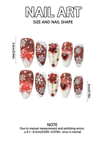 10pcs Medium Oval Press On Nails, Red And White Christmas Theme With Snowflakes Hearts And Bows, Handmade Acrylic Nail Set With Glue & File