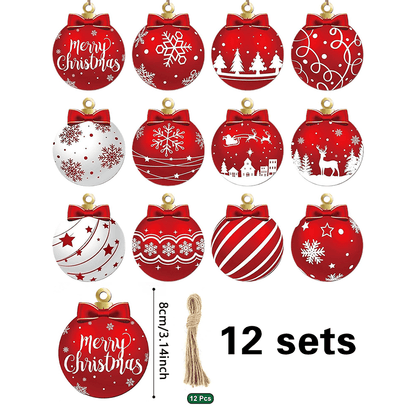 12pcs Wooden Christmas Ball Hanging Ornaments, Flat 2D Plaque Style Tree Decorations for Holiday Home & Christmas Decor