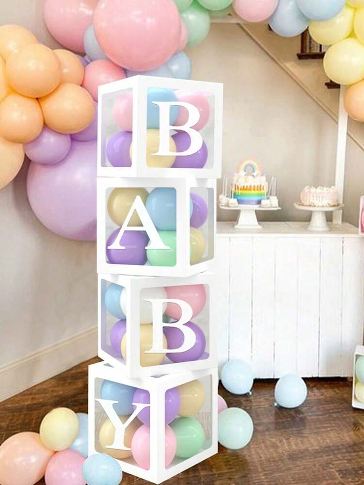 8pcs Transparent Baby Shower Boxes Set, 25cm Letter Balloon Boxes for Gender Reveal Party, Baby Boy or Girl Shower Decorations and Photography Props