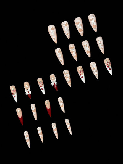 24pcs Long Stiletto French Press On Nails, White Red Cherry Pattern With 3D Bow And Pearl Decor, Romantic Bling Nail Set For Party Look