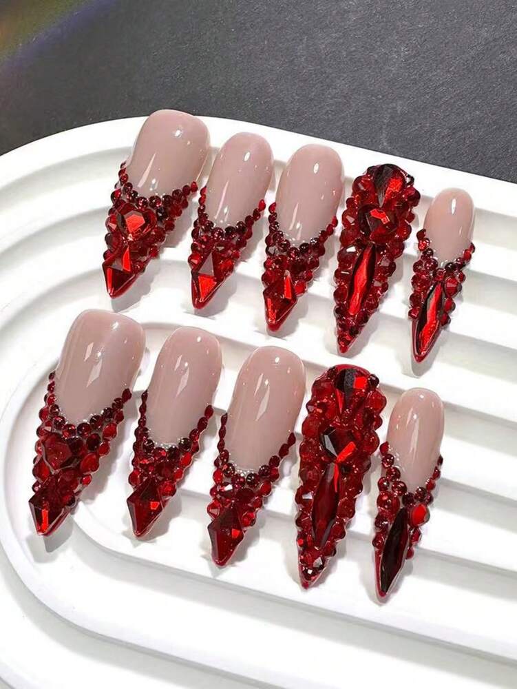 10pcs Coffin Press On Nails, Handmade Red French Tips With Diamond Embellishments, Luxurious Glossy Nail Set For Women Glam Look