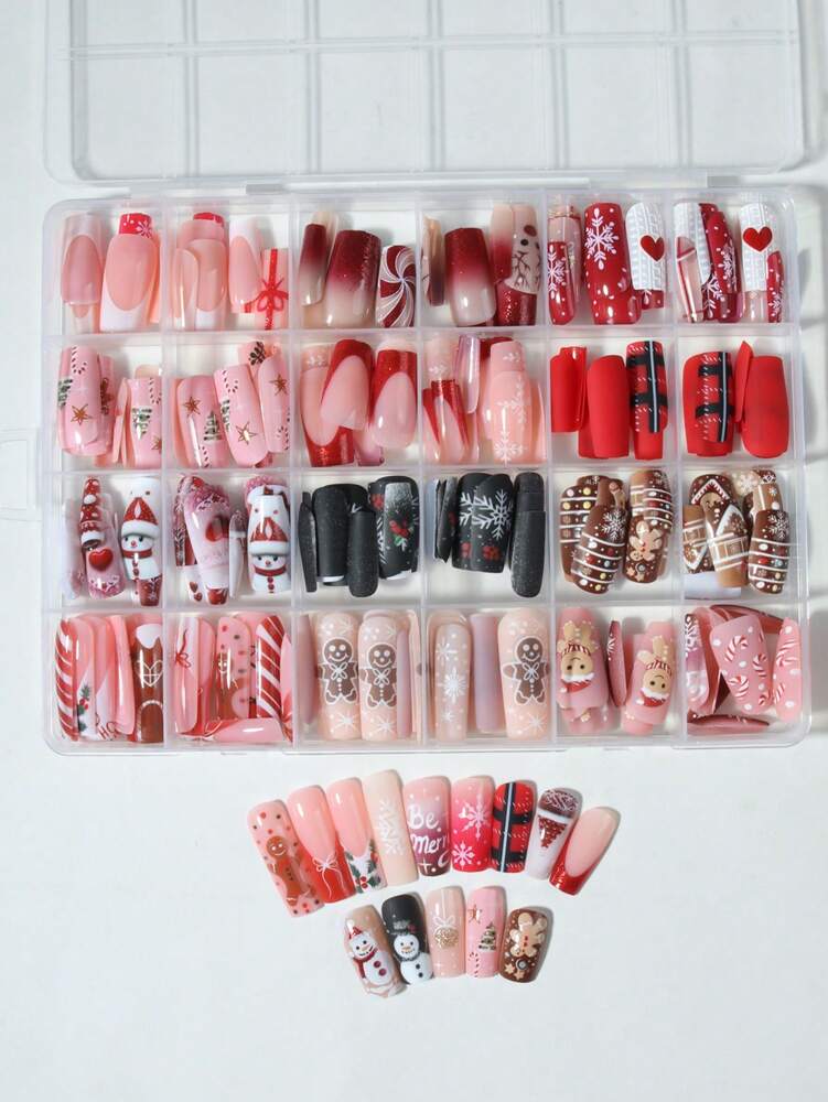288pcs Short Square Christmas Press On Nails, Gingerbread Santa Snowflake And Tree Mix Design, Acrylic False Nail Kit For Women Party Use