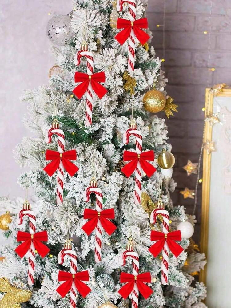 18/36pcs Glitter Candy Cane Christmas Ornaments, Red and White Bow Pendants, Decorative Hanging Crutches for Holiday Tree, Fireplace, and Party Decor