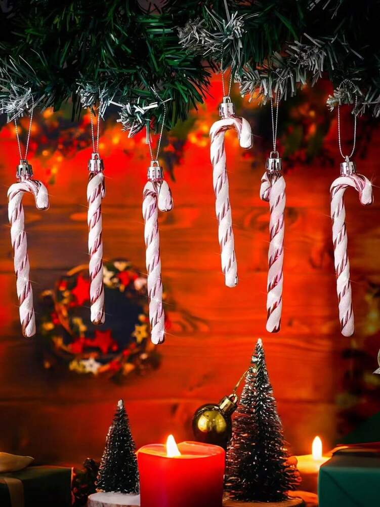 12pcs Pink Glitter Candy Cane Christmas Ornaments, 5.5" Plastic Hanging Decorations for Christmas Trees & Holiday Displays